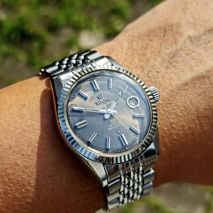 Ori 70s Titoni Cosmo King 25j 14k rim Grey Dial fluted bezel datejust