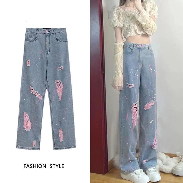 ONNIEFASHION Celana Jeans Sobek Kaki Lebar Longgar Lurus Wanita
