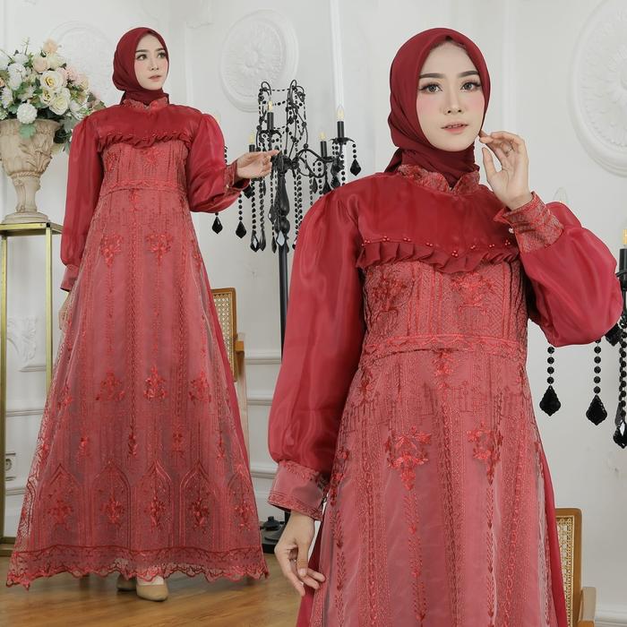gamis gisel premium dress pesta maxi brukat tule cantik murah gri at
