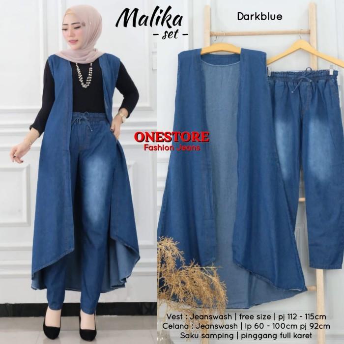 Baju setelan jeans model terbaru malika set denim outer dan celana