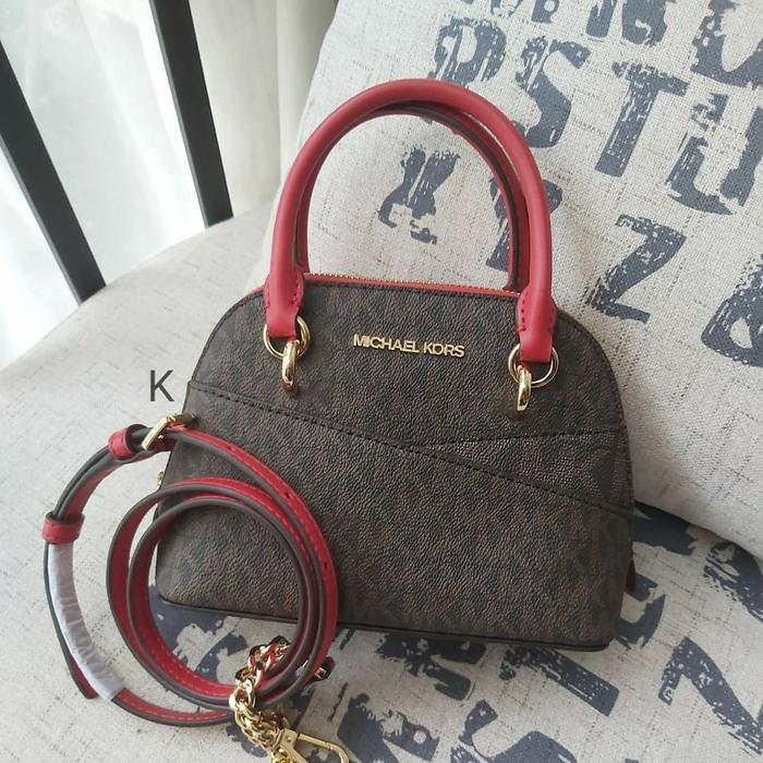 mk jet set travel xs dome satchel sign brown red flame