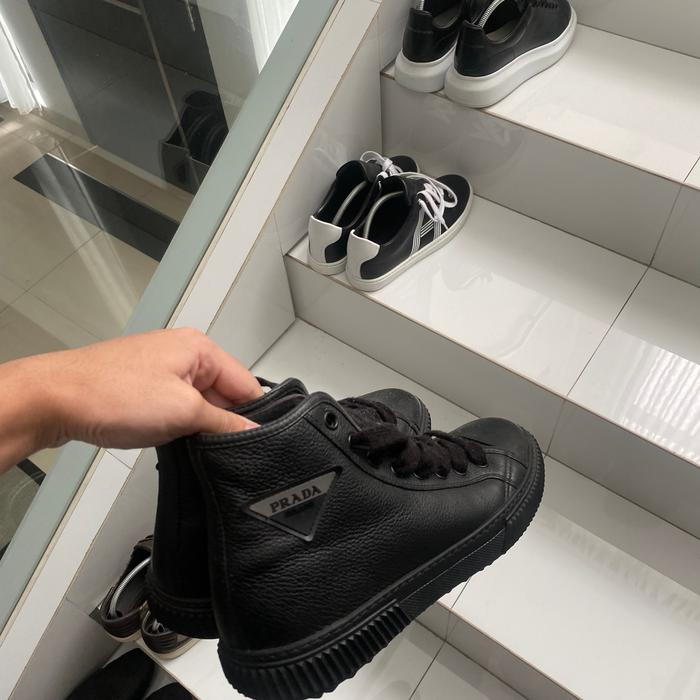 PRADA STRATUS HIGH-TOP SNEAKERS SHOES 4T3306 BLACK LEATHER