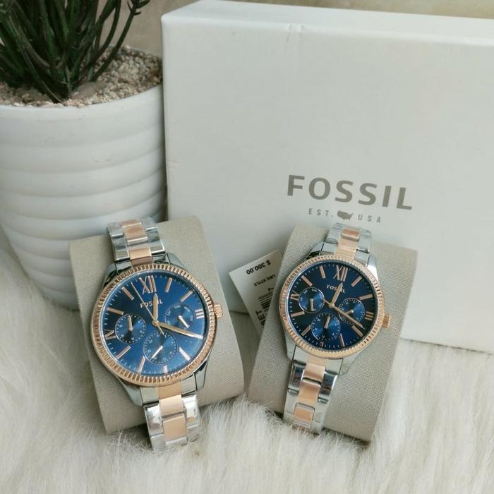 COUPLE SET TWO TONE STAINLESS STELL WATCH FOSSIL BQ2736