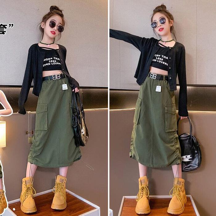 Setelan Anak Perempuan Import Army Jogger Skirt Set