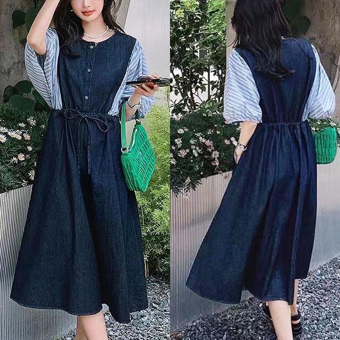 DRESS SOFT JEANS PREMIUM MIDI LENGAN PANEL KATUN GARIS BATWING KELELAWAR BALON KOREA IMPORT