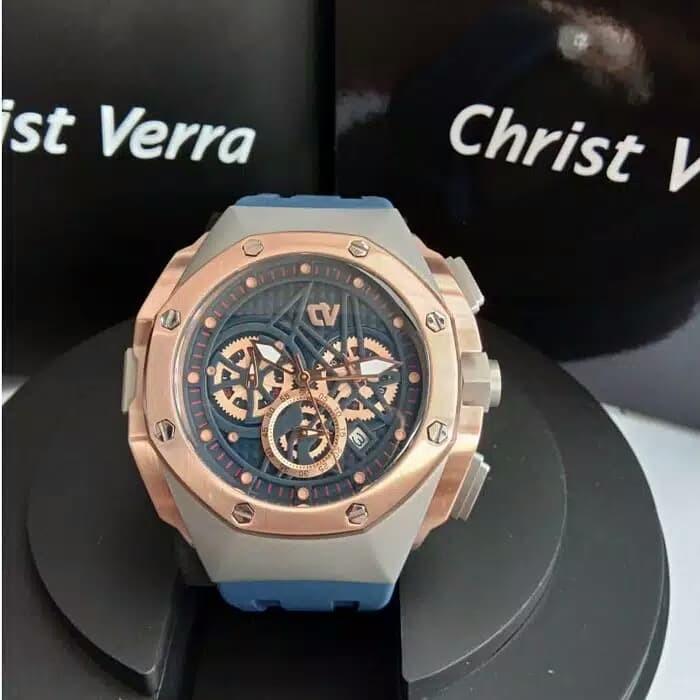 JAM TANGAN PRIA CHRIST VERRA CV C 71097G-34 ROSEGOLD BLUE RUBBER ORI