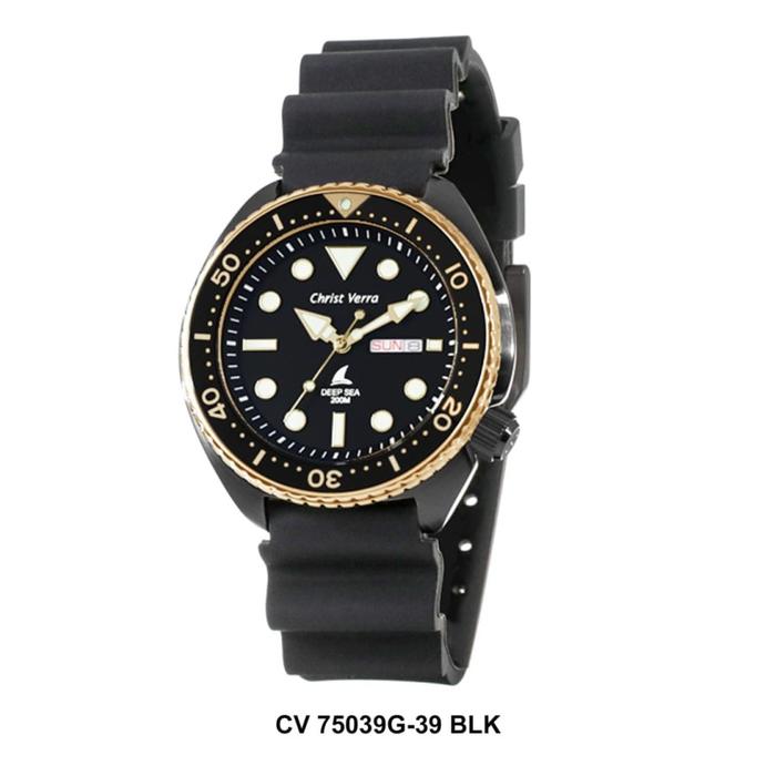JAM TANGAN CHRIST VERRA CV 75039G-39 PRIA BLACK RING GOLD RUBBER ORI