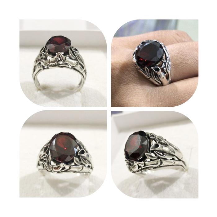 Cincin ring perak silver bali 925 bambu batu merah garnet Onyx natural