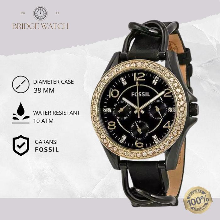 Jam Tangan Wanita Fossil Riley Chronograph Kulit Black Mewah Casual Original ES3696