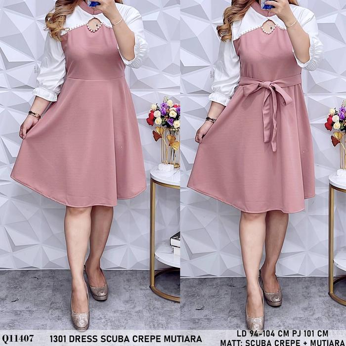 dress wanita scuba crepe+mutiara ld 94-104 salem, army, hitam, merah