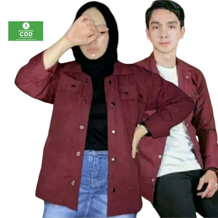 Trucker Jaket Semi Parka Maroon Unisex Bahan Baby Canvas TR Kancing Hitam Lembut Menyerap Keringat S