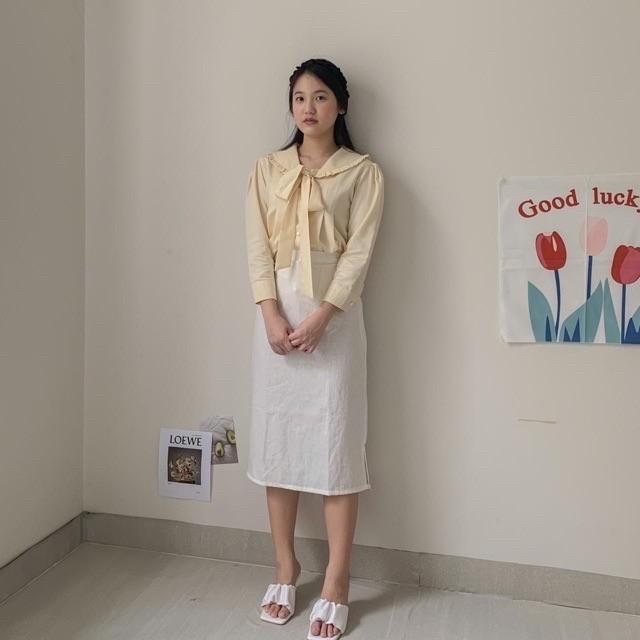 Its Ninette Leila Blouse Yellow & White Tied Ribbon Collar Preloved