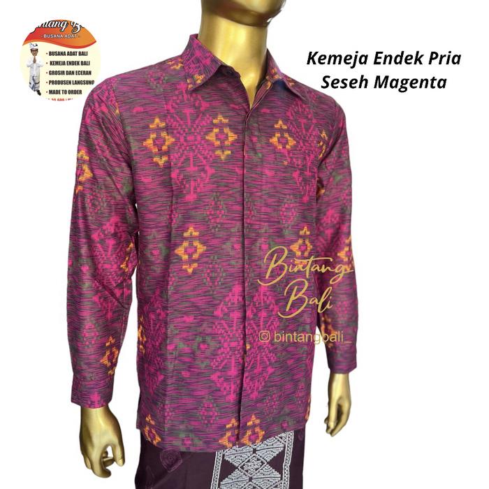Kemeja Endek Bali Pria Katun Lengan Panjang Seseh Gerimis Magenta