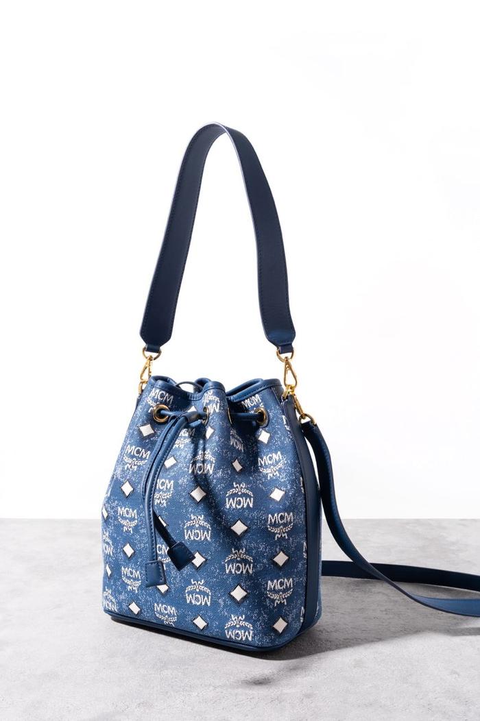 MCM Medium dessau drawstring bag denim jacquard Blue