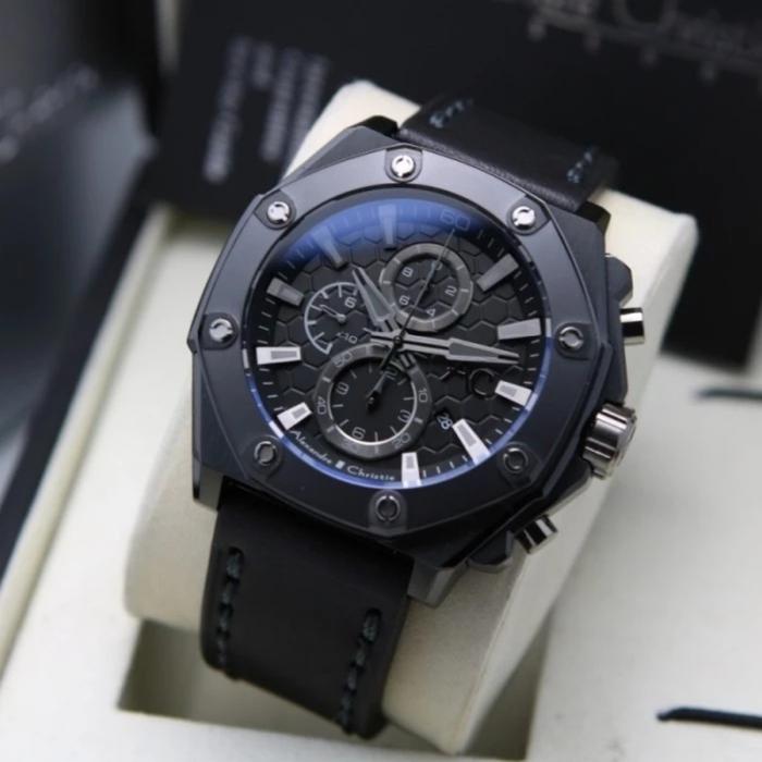 JAM TANGAN PRIA ORIGINAL ALEXANDRE CHRISTIE AC9601MC ALL BLACK LEATHER