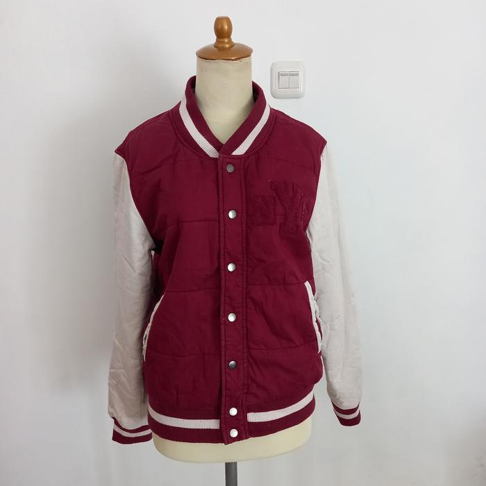 Maroon-White Cotton Varsity Goose Down Jacket by Browny