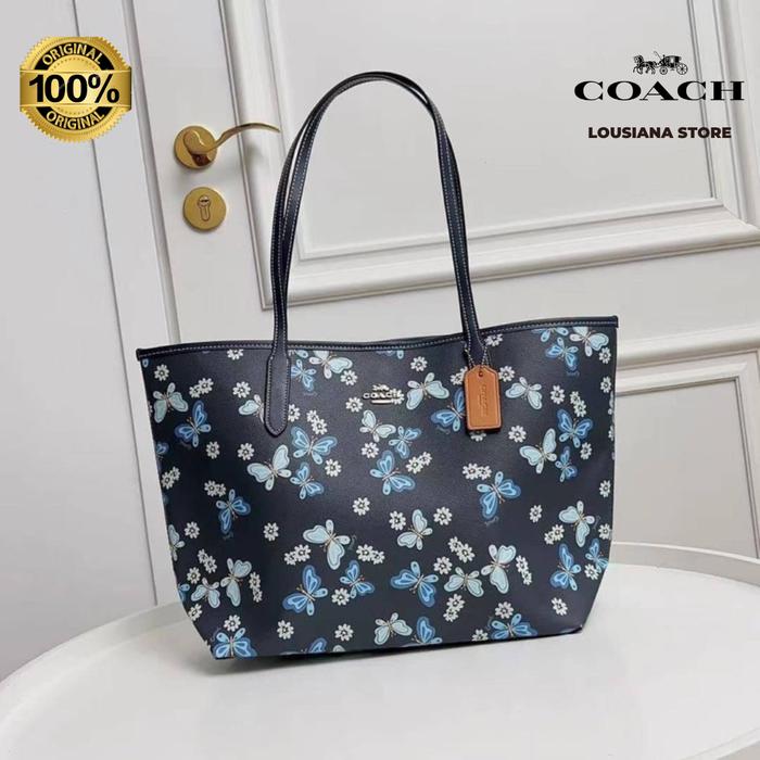 Coach City Tote With Lovely Butterfly Print Midnight Navy Multi