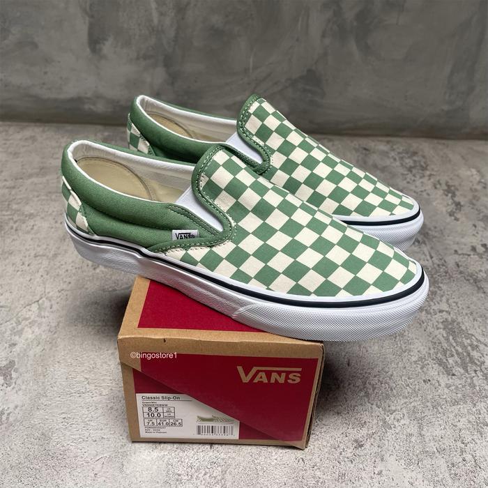 Vans Slip On Chekerboard Shale Green Original - Vans Slip On Hijau