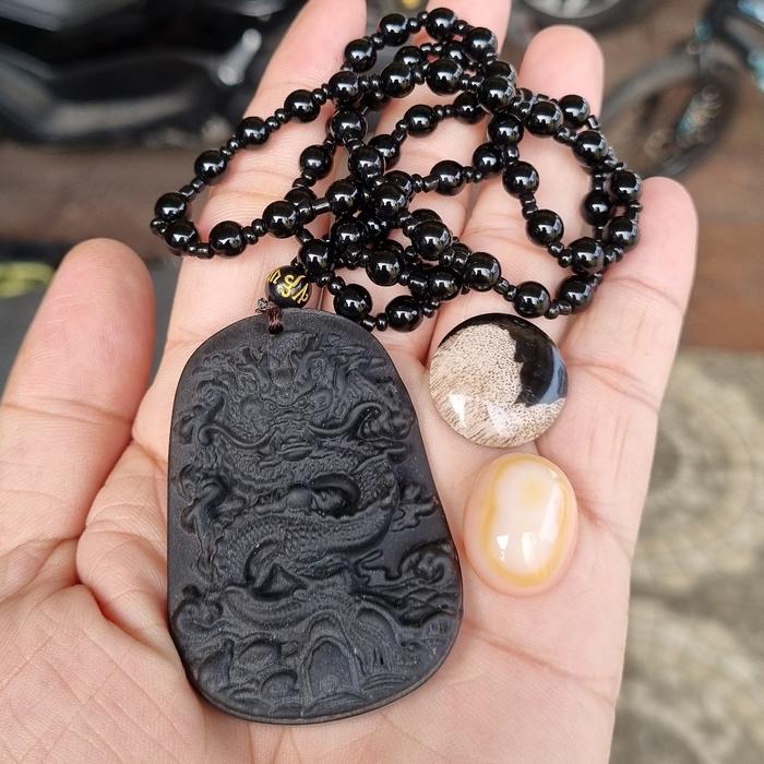KALUNG LIONTIN BLACK JADE + BATU YIN YANG + BATU ANGKA 8 ( PS - 1777 )
