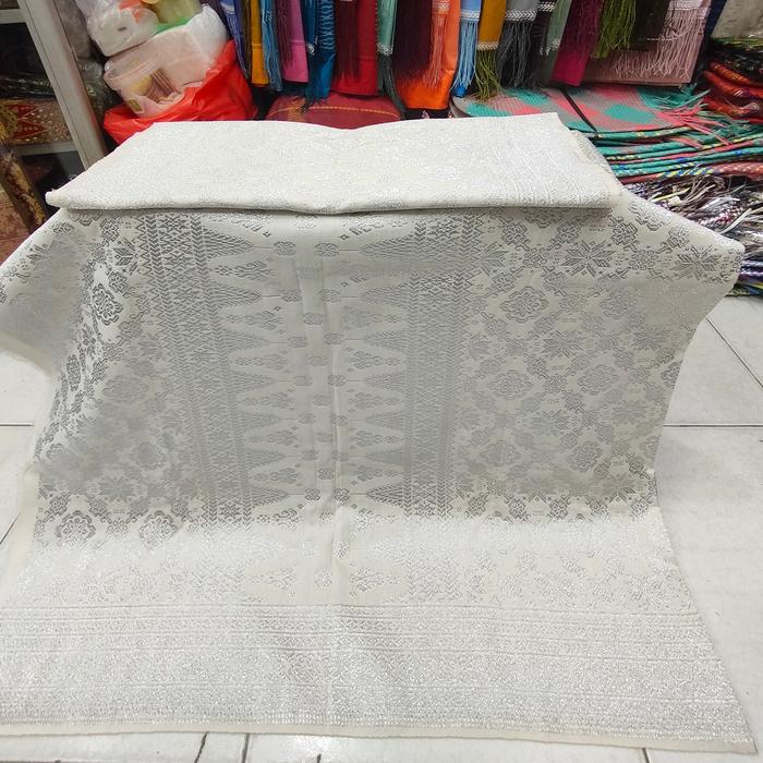 songket Palembang ORI sutra benang gebeng putih silver