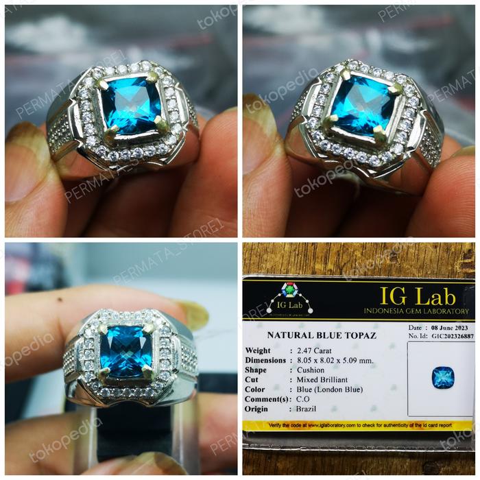 Cincin permata natural Blue Thopaz memo IG LAB