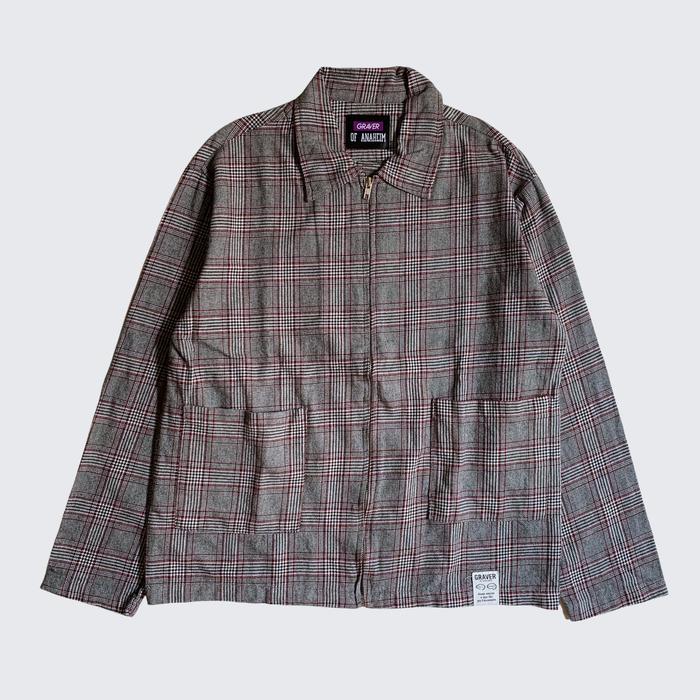 Graver Of Anaheim Grey Maroon Plaid Zip Outer Flannel - Unisex - L