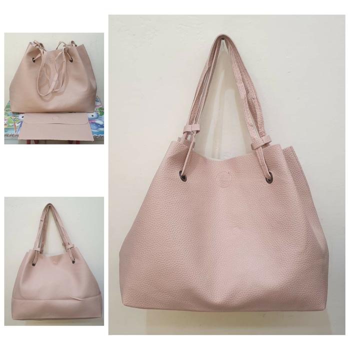 tas tote serut peach, tekstur kulit jeruk, plus clutch, second monza
