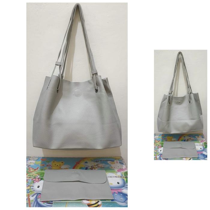 tas tote serut abu, tekstur kulit jeruk, plus clutch, second monza