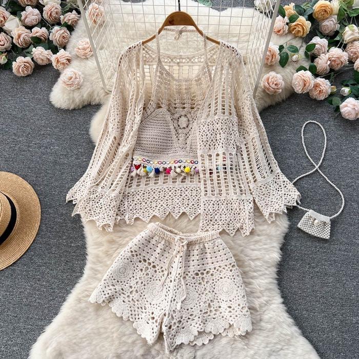 POM POM set 3 pcs woman premium / crop tank top rajut + celana pendek wanita + cardigan kimono lace 