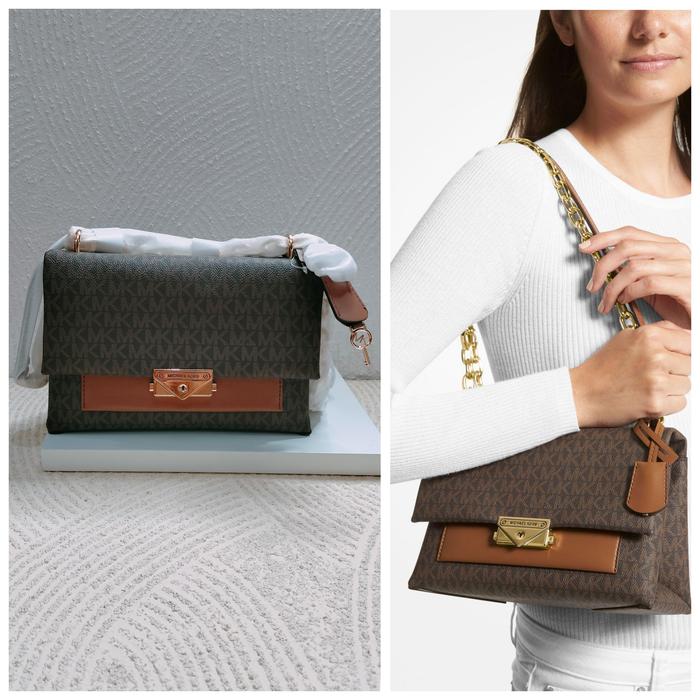 TAS WANITA MK CECE MEDIUM FLAP SHOULDER SIGNATURE BROWN