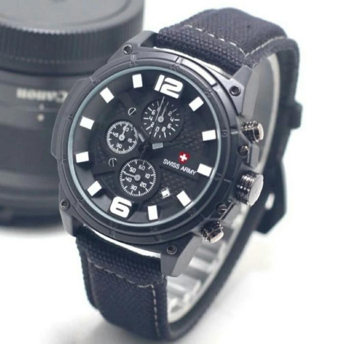 Jam Tangan Pria Swiss Army Tali Kanvas Crono Aktif Warna Hitam