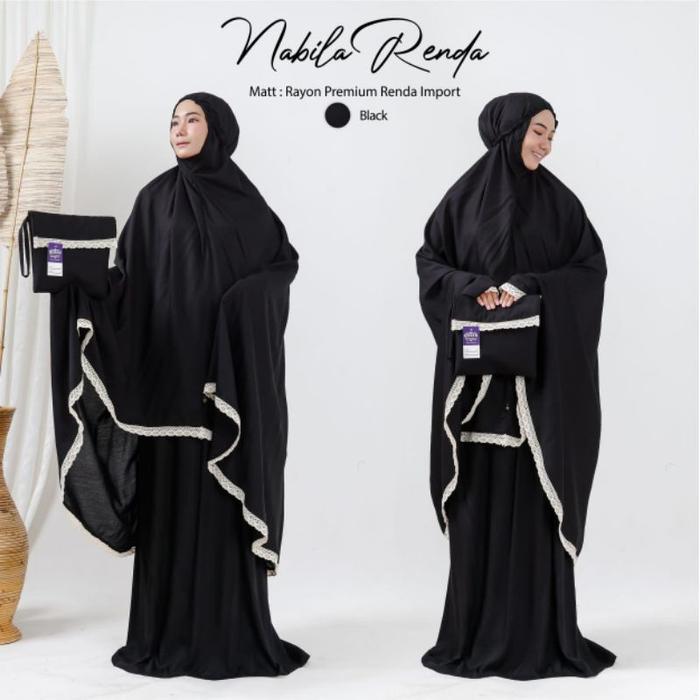 Mukena Dewasa Nabila Renda Rajut Polos - Hitam Black