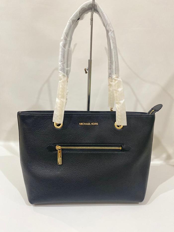 Michael kors jet set item medium leather front zip chain tote blac