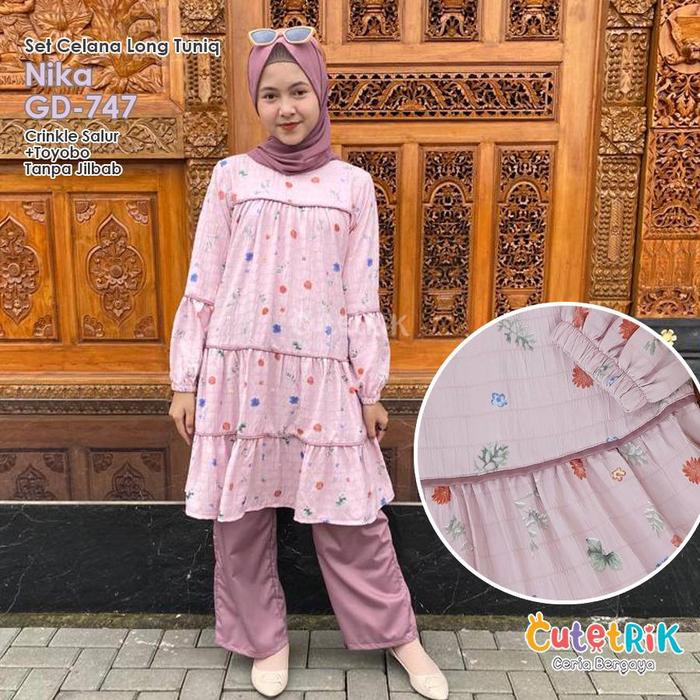 GD 747 Baju Setelan Atasan Long Tunik set Celana Anak Perempuan Nika by Cutetrik Pink Bahan Crinkle 