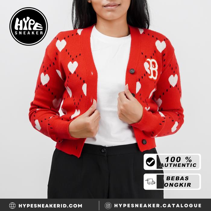 Kardigan MLB White Hearts Crop Knit Cardigan in Red 100% ORIGINAL
