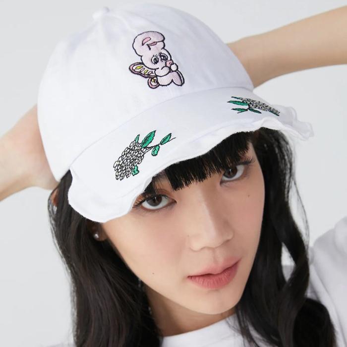 Pomelo x Esther Lavender Bunny Character Embroidered Cap White Hat