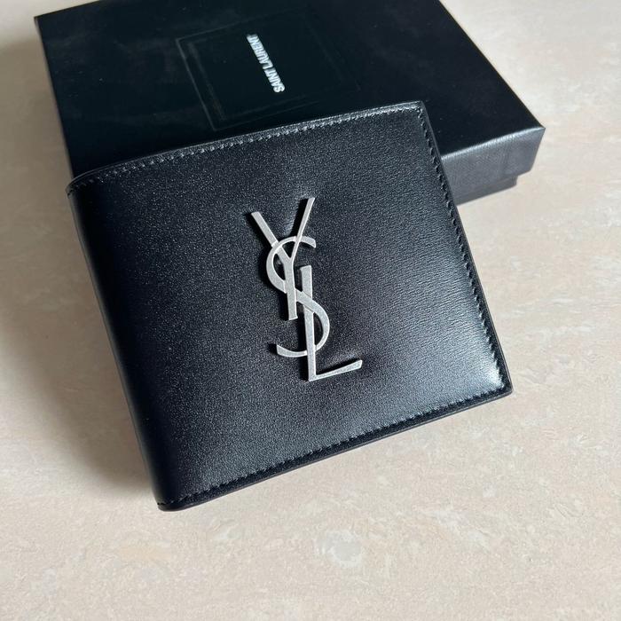 YSL SAINT LAURENT BIG LOGO EAST WEST BIFOLD WALLET BLACK SMOOTH LEATHR