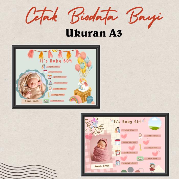 Cetak foto biodata kelahiran bayi bio baby bingkai ukuran A3