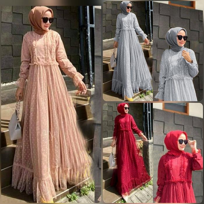 Gamis Dress Maxi Hainun Abu Maroon Mocca tile polka Polkadot Busui