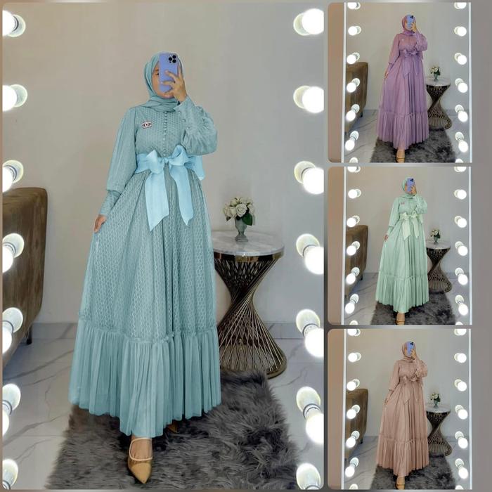 Dress Maxi Riyanti Hijau Sage Mocca Biru Lavender Gamis tile Organza
