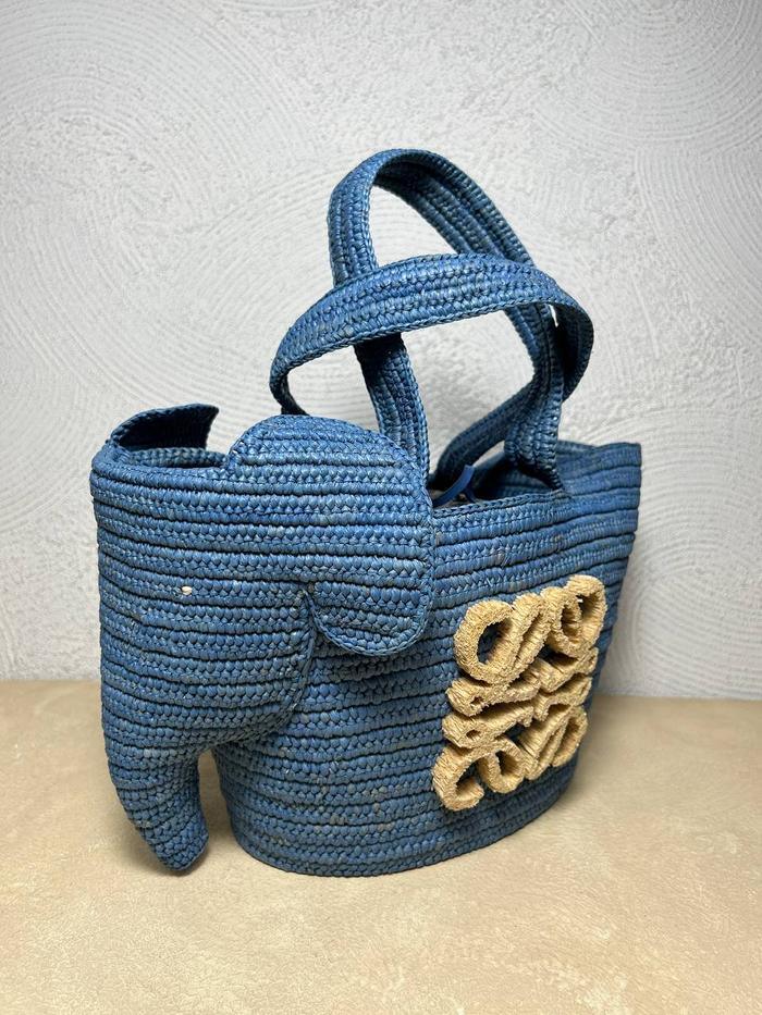 Loewe Small Elephant Basket Bag Raphian Denim Blue