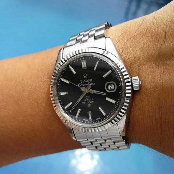 Ori 70s Titoni Cosmo King 25J 14k rim Black Matte Dial datejust omega