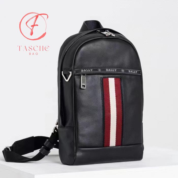 Tas pria Bally HARI sling bag full leather black zipper stripe red