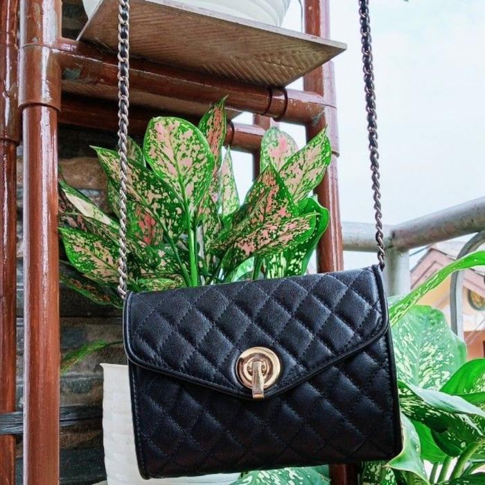 Second - tas branded - Dissona - hitam, tali rantai, kulit, mulus