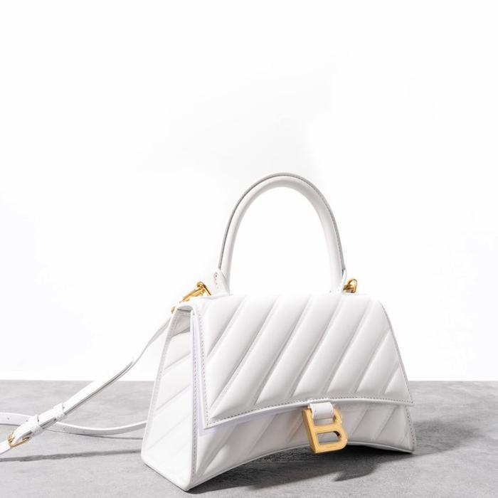 BALENCIAGA HOURGLASS SMALL QUILTED CALF LEATHER GHW OPTIC WHITE
