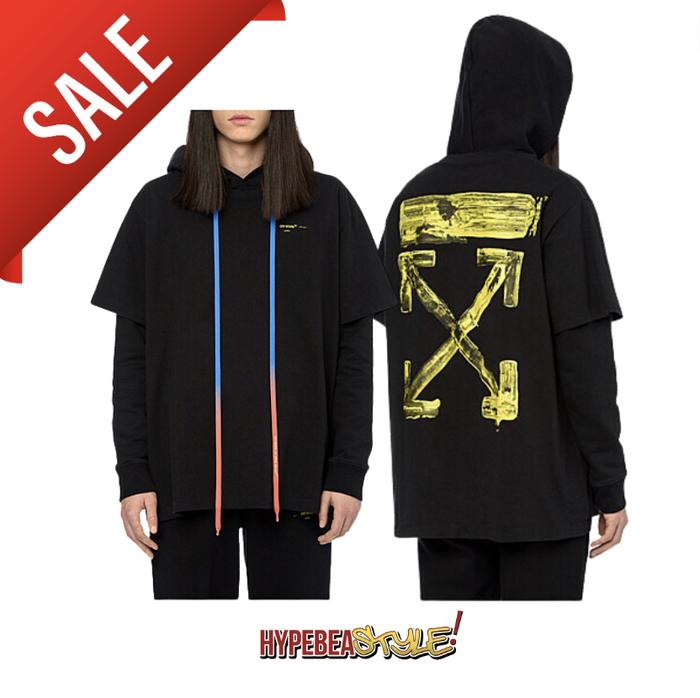 KAOS HOODIE OFF WHITE ACRYLIC ARROWS DOUBLE TSHIRT HOOD BLACK YELLOW