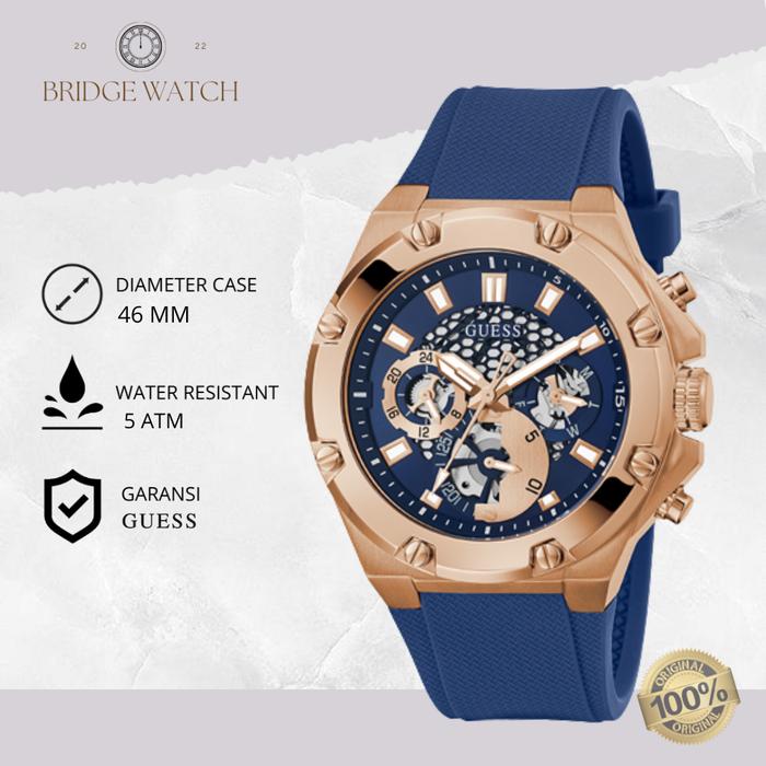 Jam Tangan Pria Guess Third Gear GW0334G3 Chronograph Blue Rubber Rose Gold Case Sporty Casual Origi