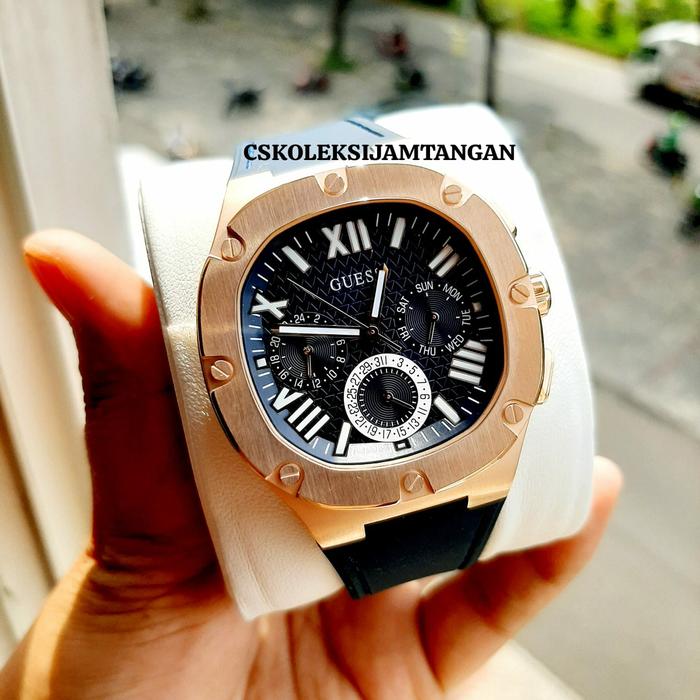 JAM TANGAN PRIA GUESS GW0571G2 HEADLINE ROSEGOLD BLUE RUBBER ORIGINAL