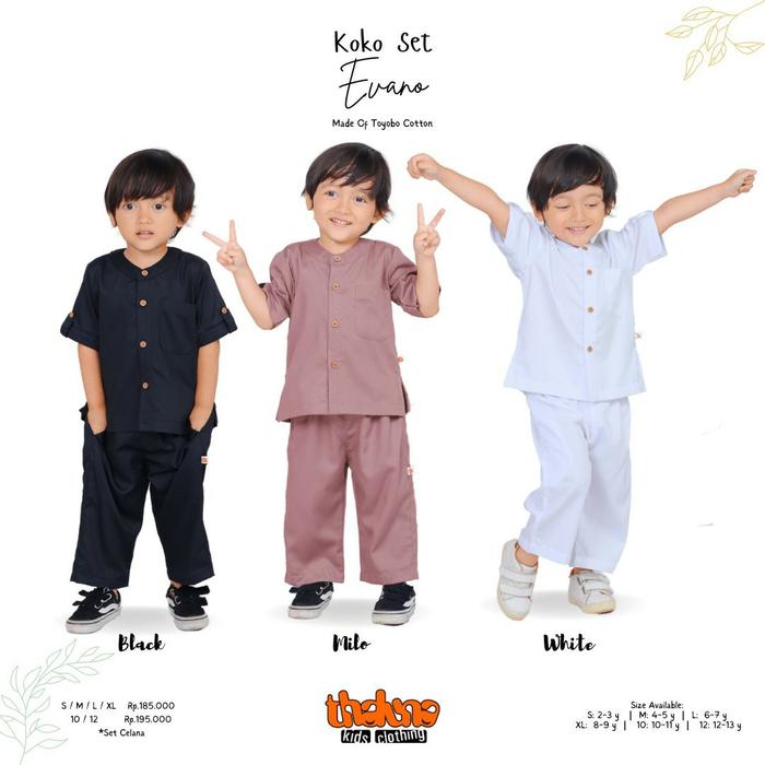 set baju koko anak laki lengan pendek katun putih hitam milo evano thaluna