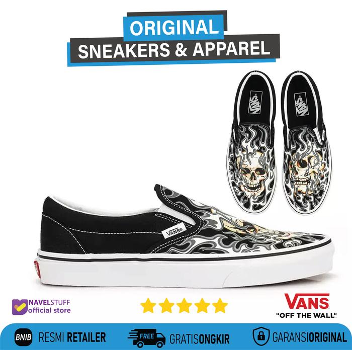 VANS Slip On Classic Flame Skull Black/White Original BNIB Resmi